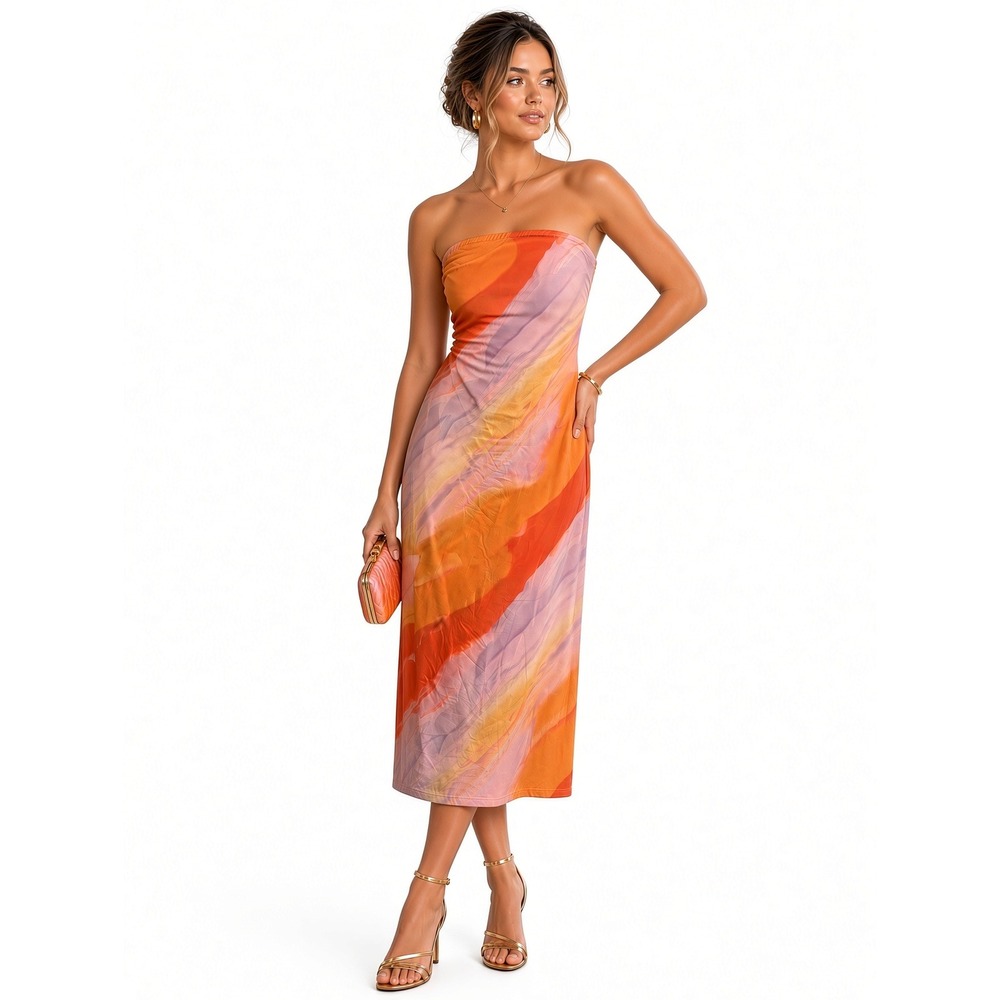 Lulus Jaylah Lavender Multi Mesh Strapless Midi Dress Orange Abstract Size M